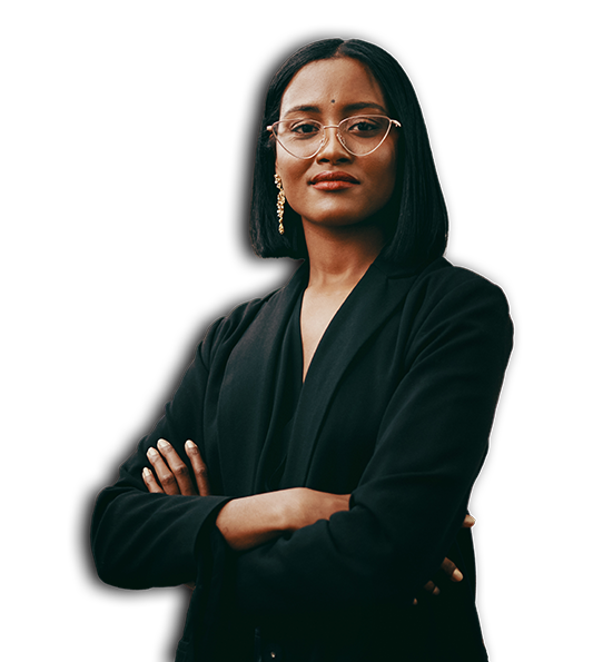 A professional woman wearing glasses and a black suit, exuding confidence and sophistication in a corporate setting.